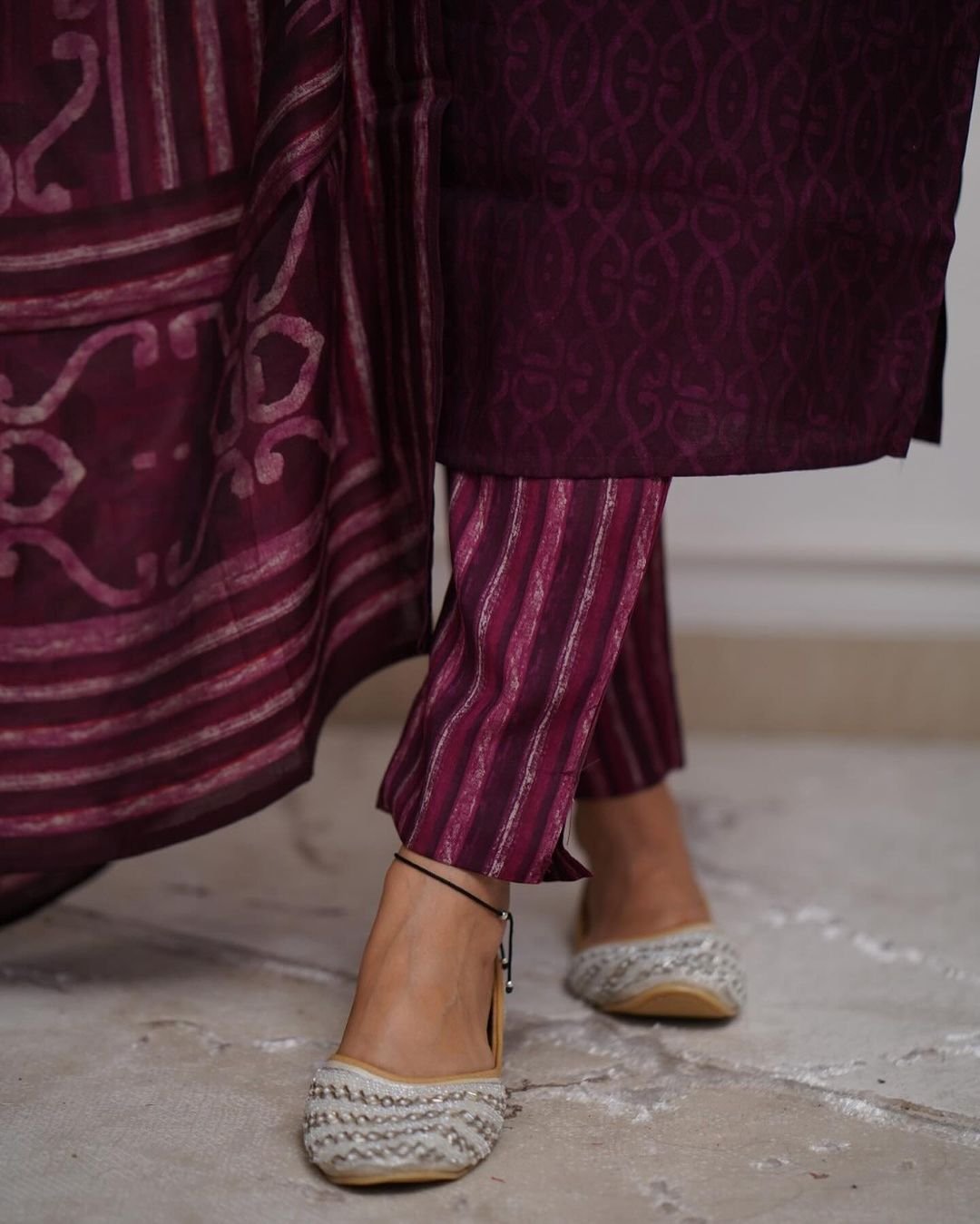 Cotton Kurti Pant Dupatta Set with Embroidery